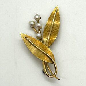 Vintage Signed Krementz Brooch Pin Gold-Tone Leaf & Faux Pearl